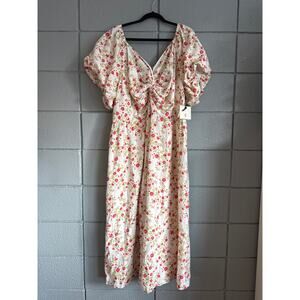 NWT LEA Milkmaid Puff Sleeve Linen Blend Floral Midi Dress size 2X